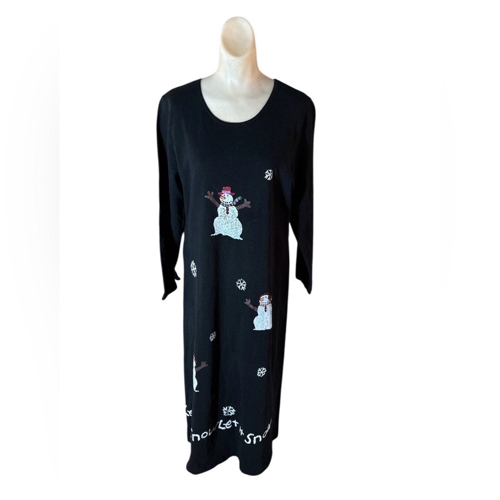 Vintage Black Maxi Christmas Snowman Dress Handpainted Medium Large